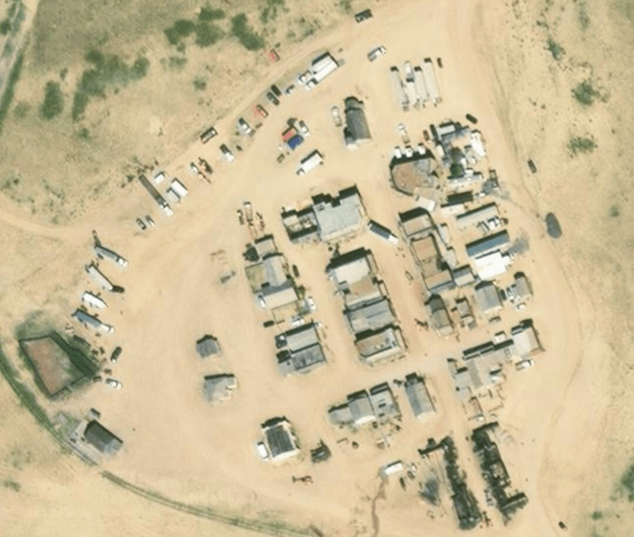 Aerial view of Cerro Pelon Ranch western townsite near Galisteo
