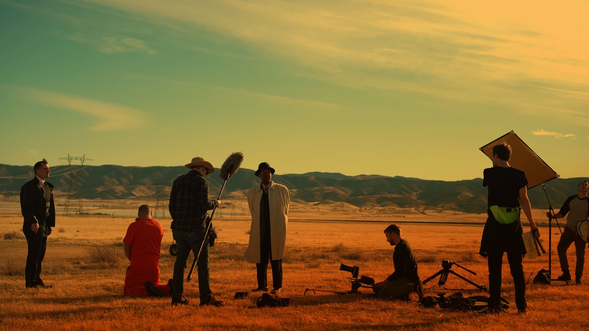 A film production crew on location in New Mexico