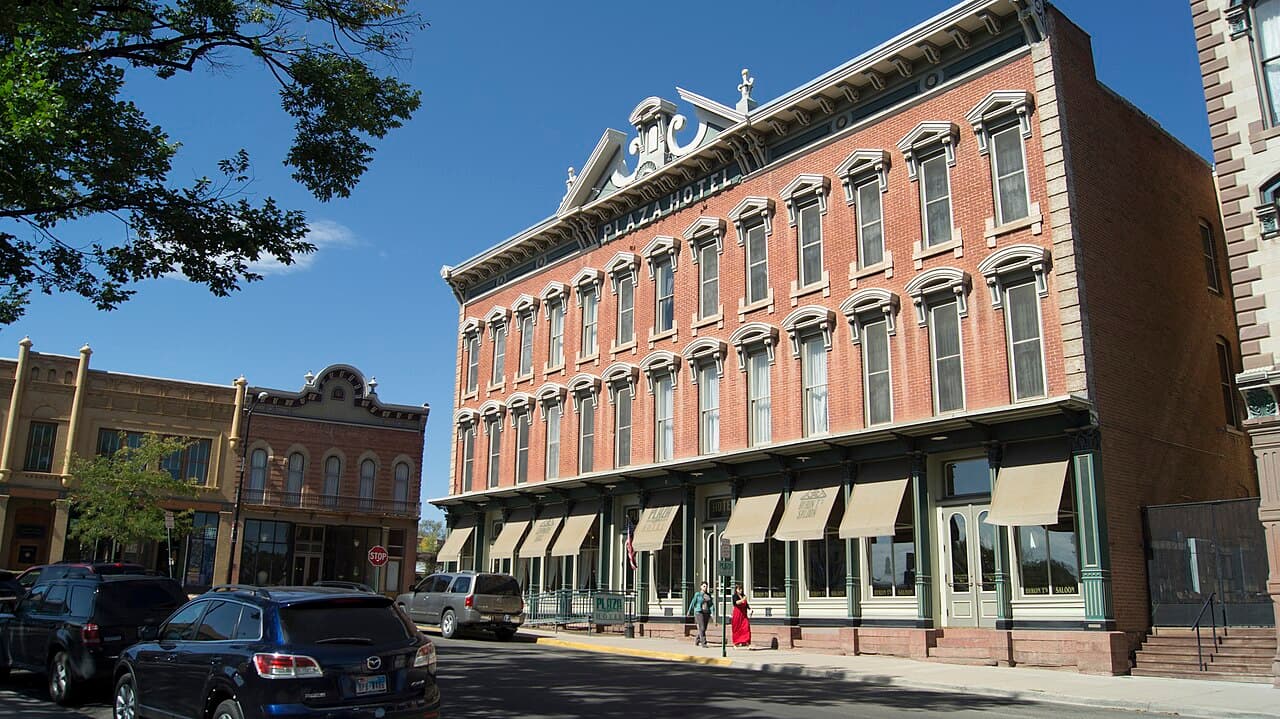 The plaza square in Las Vegas, New Mexico, with historic storefronts.